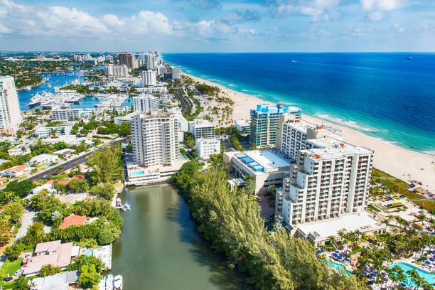 Aerial View of Ft. Lauderdale, Florida Aerial view of the hotels along the coast of Fort Lauderdale, Florida from an altitude of about 1000 feet during a helicopter photo flight. florida beach above stock pictures, royalty-free photos & images