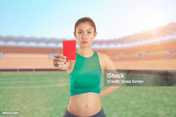 Red Card By Woman Football Soccer Refree Stock Photo - Download Image Now