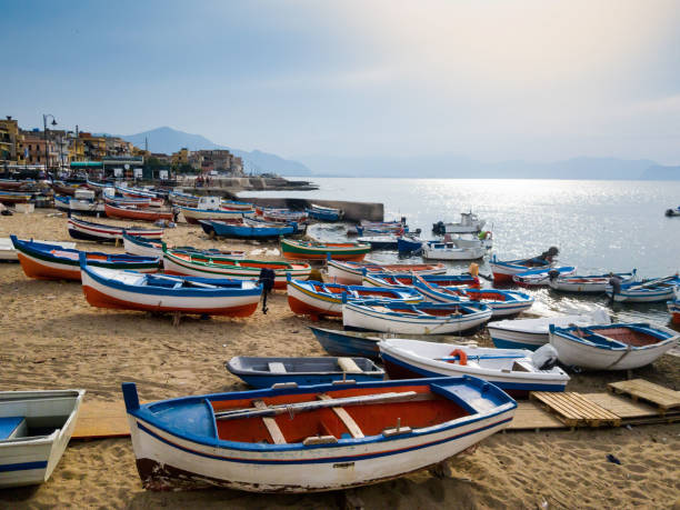 Photo of many boats on Aspra Beach, located near Palermo, Sicily