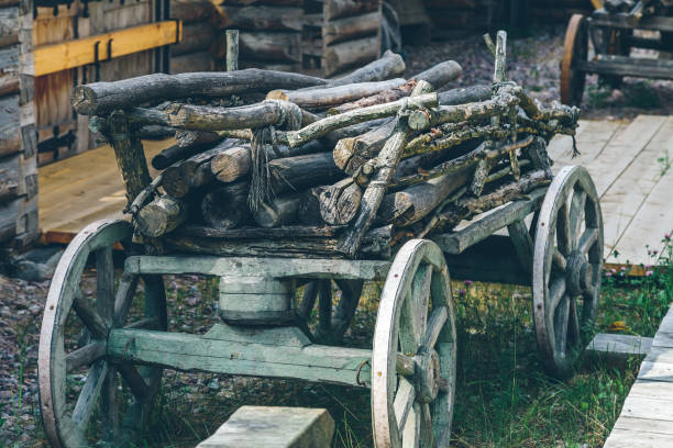 Homemade wooden agricultural tractor trailer parked in backyard on uncut grass with stacked firewood in background on warm sunny spring day