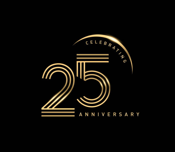 25th celebrating anniversary logo with golden ring isolated on black background, vector design for greeting card and invitation card. celebrating anniversary logo with golden ring isolated on black background, vector design for greeting card and invitation card. number 25 stock illustrations