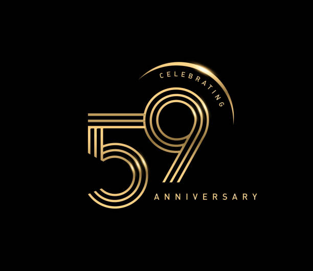 illustrazioni stock, clip art, cartoni animati e icone di tendenza di 59° anniversario logo con anello dorato isolato su sfondo nero, design vettoriale per biglietto d'auguri e biglietto d'invito. - numero 59