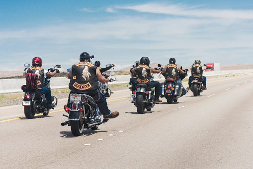 Members of Silent Natives Motorcycle Club on road 15 North travel through Nevada towards Las Vegas.