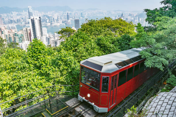 istock Retro tram approaches to Victoria Peak. 983625126
