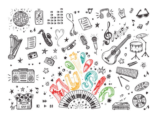 ilustrações, clipart, desenhos animados e ícones de conjunto de ícones da música de vetor. mão desenhada doodle instrumentos musicais, equipamento musical retrô. música de palavra. - musical equipment