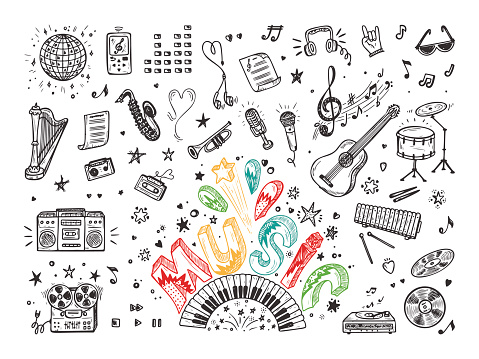 Vector Music icons set. Hand drawn doodle Musical Instruments, Retro musical equipment. Word Music.