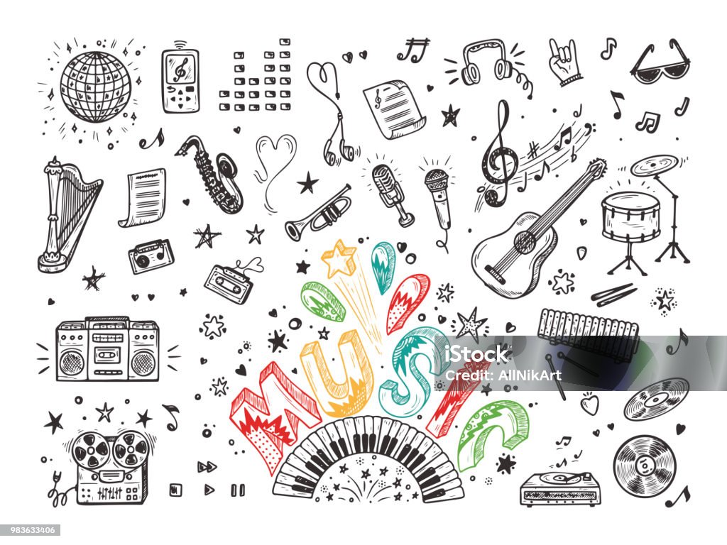 Vector Music icons set. Hand drawn doodle Musical Instruments, Retro musical equipment. Word Music. Music stock vector