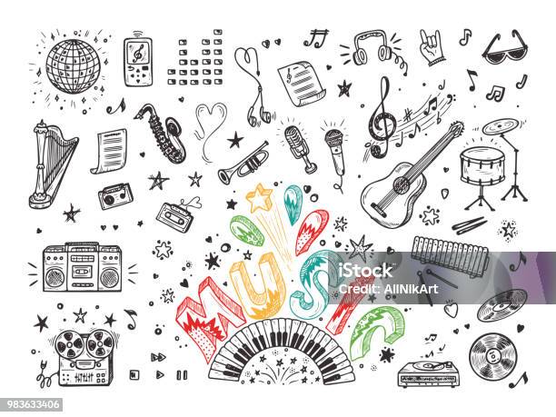 Vector Music Icons Set Hand Drawn Doodle Musical Instruments Retro Musical Equipment Word Music Stock Illustration - Download Image Now