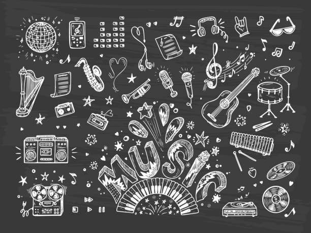 ilustraciones, imágenes clip art, dibujos animados e iconos de stock de vector conjunto de iconos de música. dibujado a mano doodle instrumentos musicales, equipos música retro. música de la palabra. - 4865