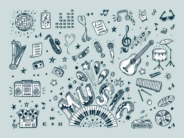 ilustrações, clipart, desenhos animados e ícones de conjunto de ícones da música de vetor. mão desenhada doodle instrumentos musicais, equipamento musical retrô. música de palavra. - instrumento musical