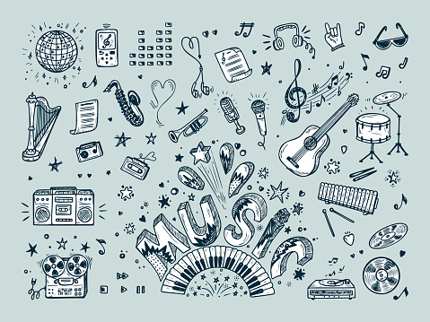 Vector Music icons set. Hand drawn doodle Musical Instruments, Retro musical equipment. Word Music.
