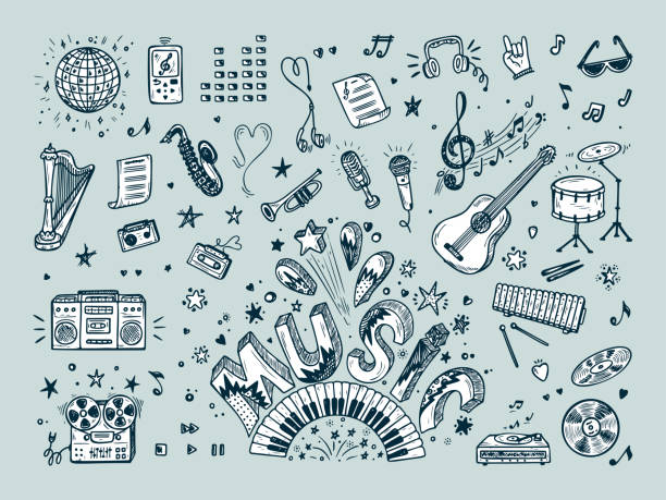 Vector Music icons set. Hand drawn doodle Musical Instruments, Retro musical equipment. Word Music. Vector Music icons set. Hand drawn doodle Musical Instruments, Retro musical equipment. Word Music. microphone symbols stock illustrations