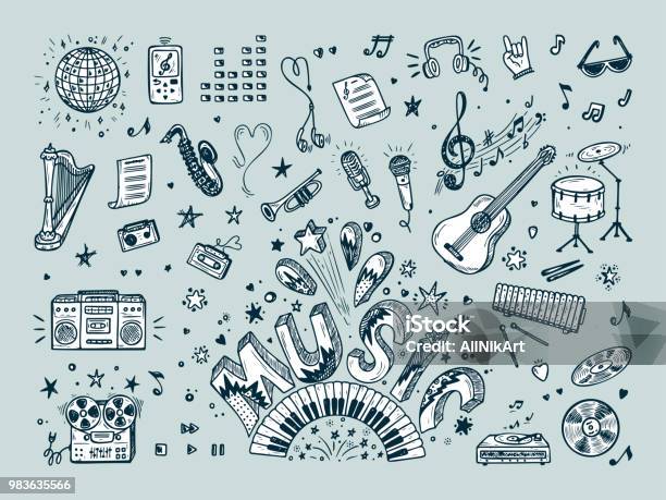 Vector Music Icons Set Hand Drawn Doodle Musical Instruments Retro Musical Equipment Word Music Stock Illustration - Download Image Now