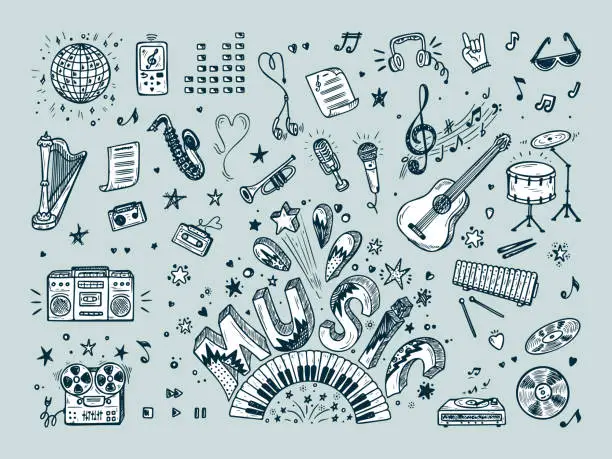 Vector illustration of Vector Music icons set. Hand drawn doodle Musical Instruments, Retro musical equipment. Word Music.