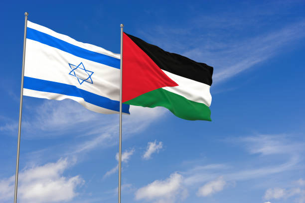istock Israel and Palestine flags over blue sky background. 3D illustration 983636566