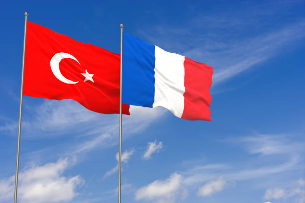 istock Turkey and France flags over blue sky background. 3D illustration 983636580