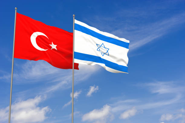 istock Turkey and Israel flags over blue sky background. 3D illustration 983636598