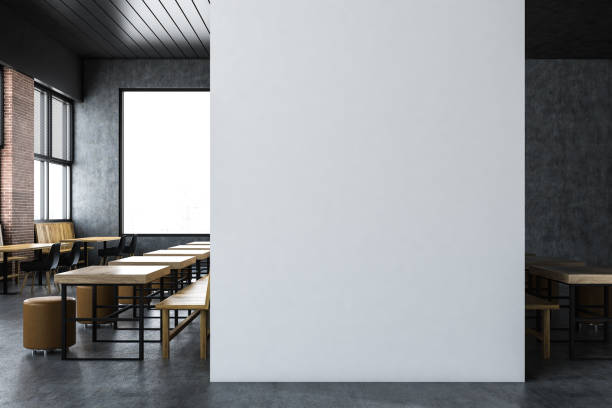 Upscale loft coffee shop, mock up wall Upscale loft restaurant interior with gray and brick walls, wooden tables and benches standings along them and a mock up wall. 3d rendering cafe interior stock pictures, royalty-free photos & images