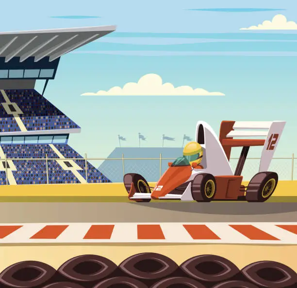 Vector illustration of open-wheel single-seater racing car racing car on racetrack