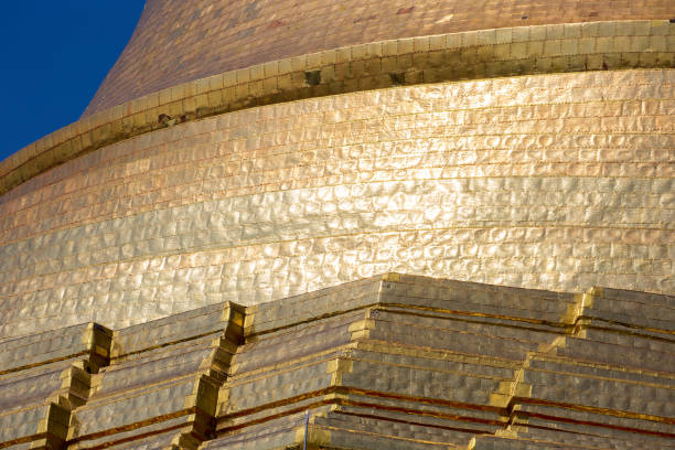 Detail of the bell and terrace sections of the Shwedagon Pagoda, covered with plates of gold.