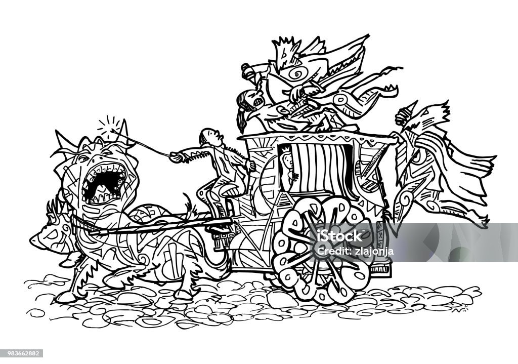 The princess kidnapping Funny illustration lineart of some imaginary princess kidnapping for coloring page Abstract stock vector
