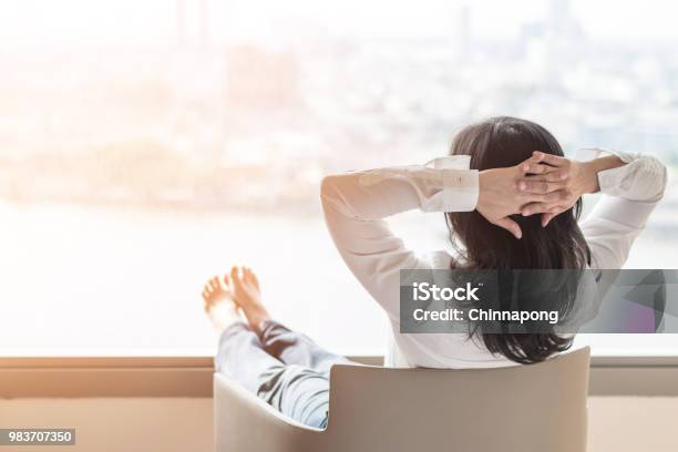 Simple Life Style Relaxation With Asian Working Business Woman Healthy Lifestyle Take It Easy Resting In Comfort Hotel Or Home Living Room Having Free Time With Peace Of Mind And Self Health Balance Stock Photo - Download Image Now