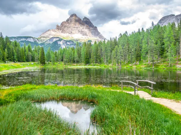 Photo of Tre Cime di Lavaredo Mountain reflected in water od Antorno Lake, Dolomites, Italy