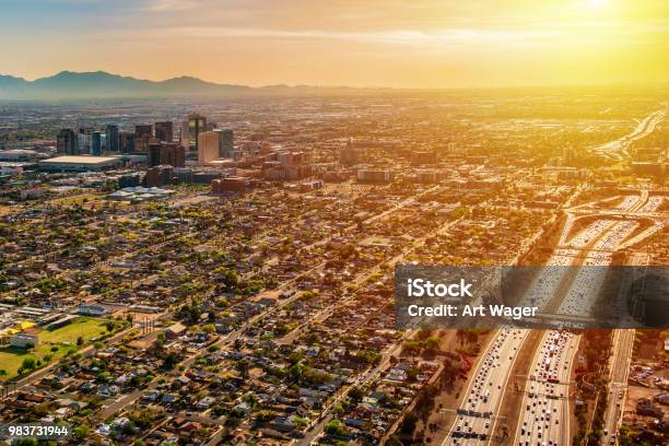 Phoenix Aerial At Dusk Stock Photo - Download Image Now - Heat - Temperature, Phoenix - Arizona, Arizona