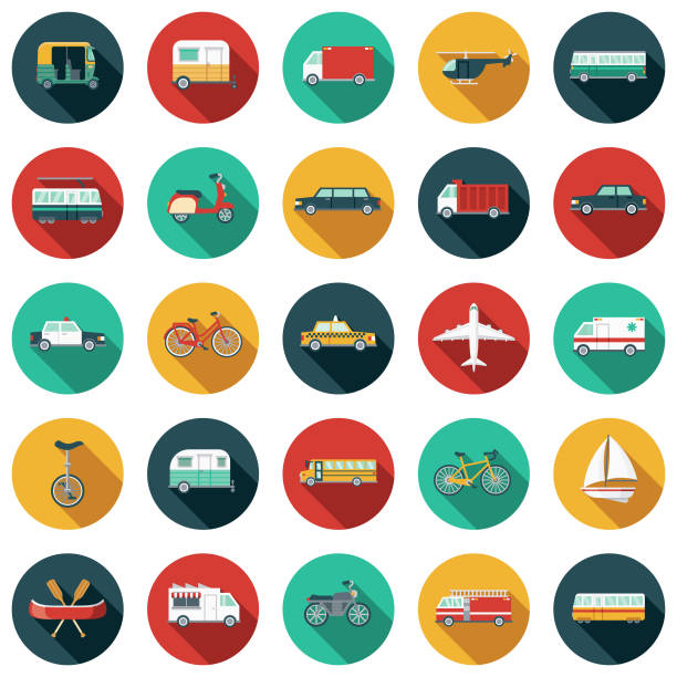 A set of flat design styled transportation icons with a long side shadow. Color swatches are global so it’s easy to edit and change the colors. File is built in the CMYK color space for optimal printing.