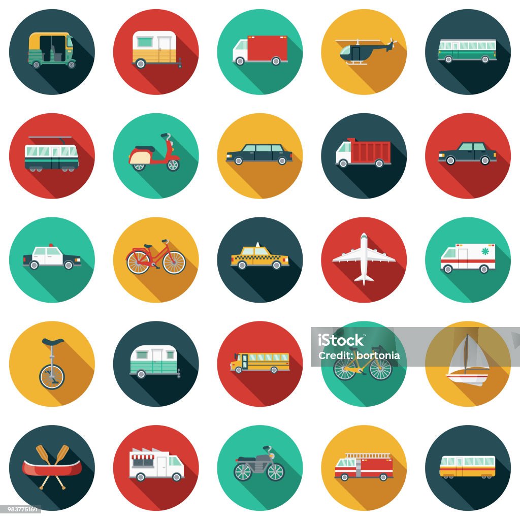 Transportation Flat Design Icon Set A set of flat design styled transportation icons with a long side shadow. Color swatches are global so it’s easy to edit and change the colors. File is built in the CMYK color space for optimal printing. Icon stock vector