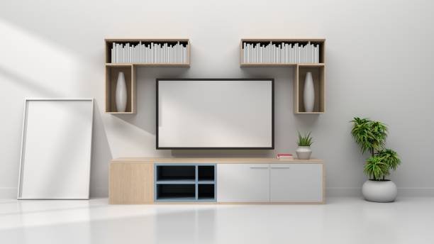 istock Mock up TV room in room interior white wall background, 983793590