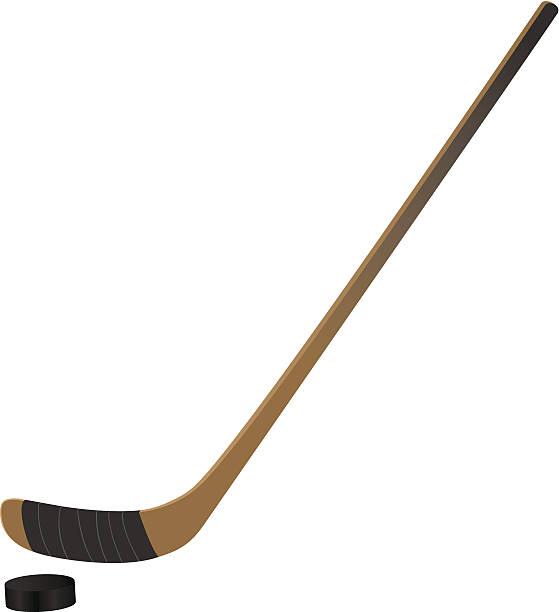 Close up of ice hockey stick and puck on white background vector art illustration