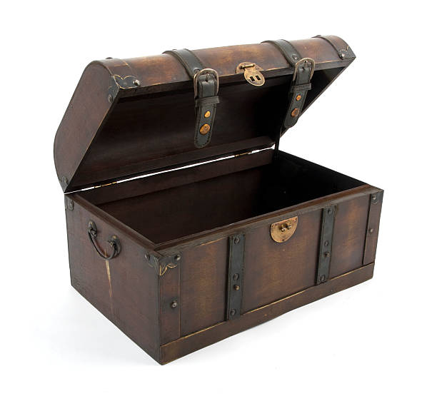 A brown wood opened treasure chest stock photo