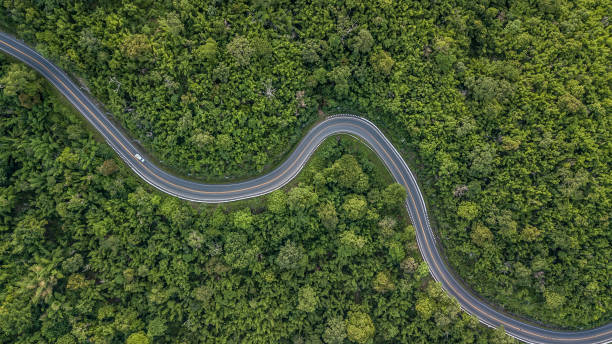 vista aérea de camino forestal en el sudeste de asia, vista aérea de una carretera provincial pasando por un bosque de tailandia. - asphalt high angle view street traffic fotografías e imágenes de stock