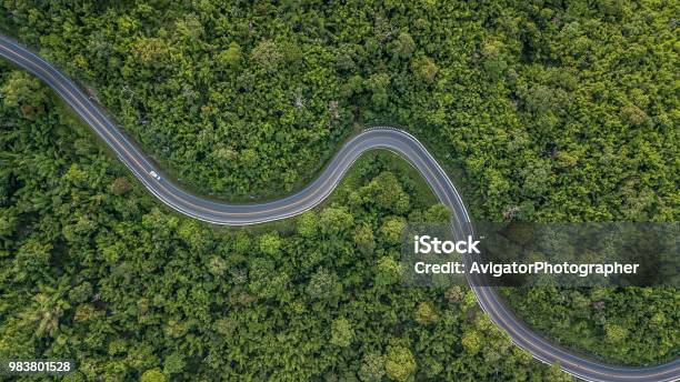 Aerial View Of Forest Road At South East Asia Aerial View Of A Provincial Road Passing Through A Forest Thailand Stock Photo - Download Image Now