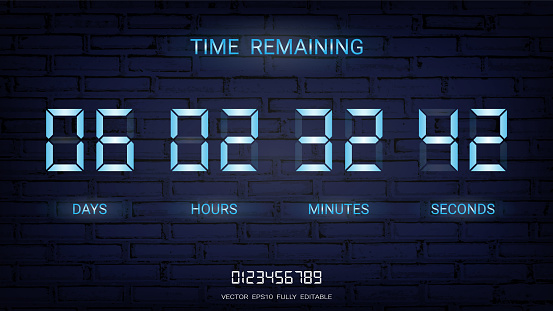 Countdown timer remaining or Clock counter scoreboard with days, hours, minutes and seconds display, Neon glow on a dark background for web page coming soon or under construction (Vector EPS10)