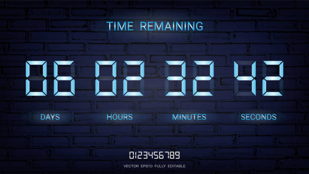 Countdown timer remaining or Clock counter scoreboard with days, hours, minutes and seconds display, Neon glow on a dark background for web page coming soon or under construction (Vector EPS10) Countdown timer remaining or Clock counter scoreboard with days, hours, minutes and seconds display, Neon glow on a dark background for web page coming soon or under construction (Vector EPS10) flip calendar stock illustrations