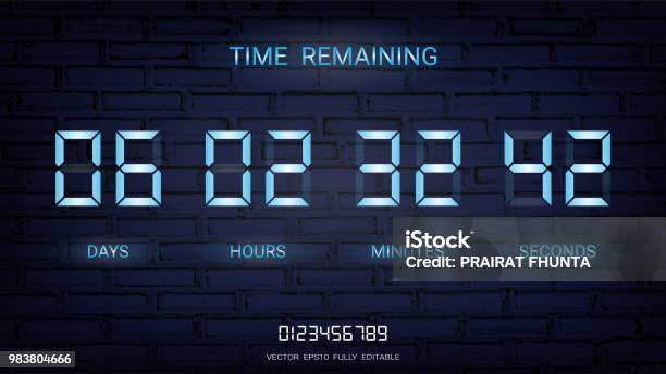 Countdown Timer Remaining Or Clock Counter Scoreboard With Days Hours Minutes And Seconds Display Neon Glow On A Dark Background For Web Page Coming Soon Or Under Construction Stock Illustration - Download Image Now