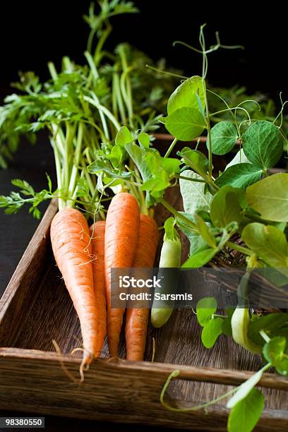 Fresh Carrots And Green Pea Stock Photo - Download Image Now - Basket, Bunch, Carrot