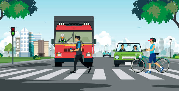 A crosswalk in the city People walking on a crosswalk with a truck stopping at a traffic light. pedestrian stock illustrations