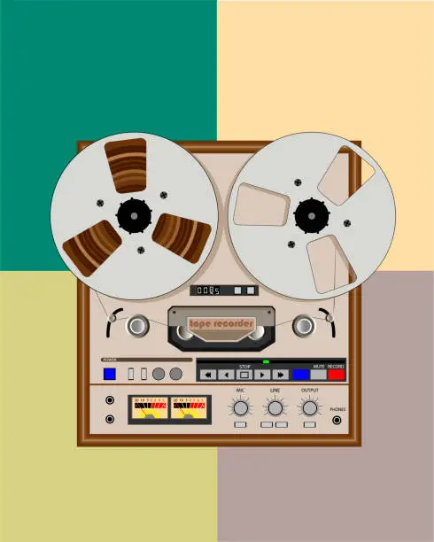 Vector illustration of old bobbin tape recorder with reels