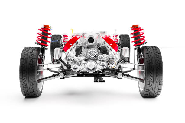 istock 3d car chassis with motor, wheels and suspension, on white background 983846000