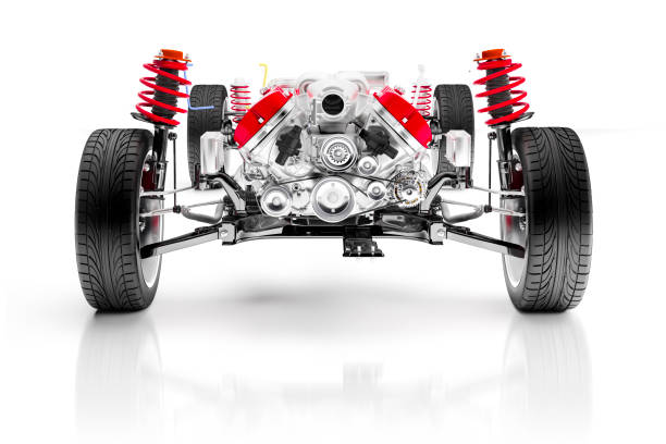 istock 3d car chassis with motor, wheels and suspension, on white background 983846014