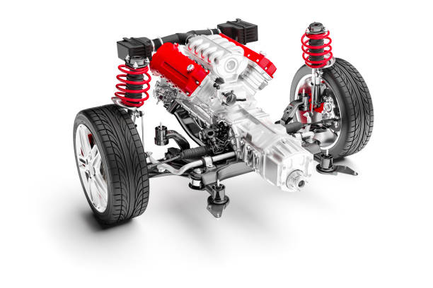 istock 3d car chassis with motor, wheels and suspension, on white background 983846026