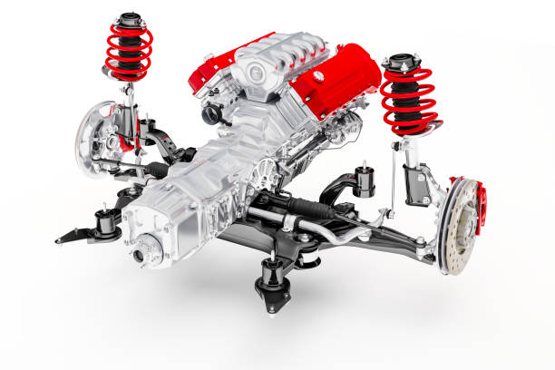 istock 3d car chassis with motor, wheels and suspension, on white background 983846042