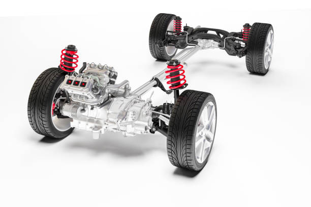 istock 3d car chassis with motor, wheels and suspension, on white background 983846048