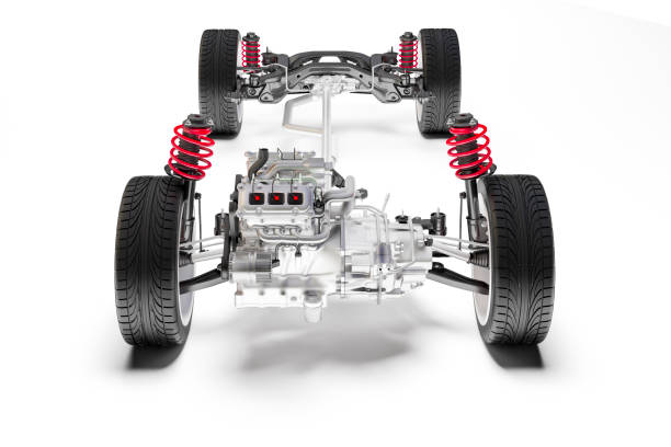 istock 3d car chassis with motor, wheels and suspension, on white background 983846052
