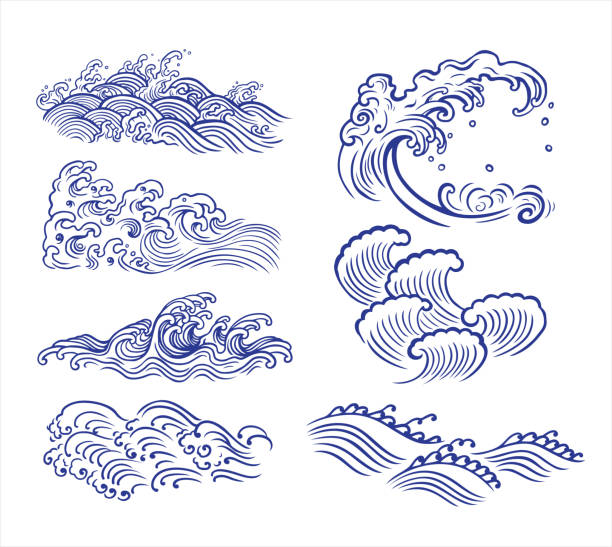 Wave design Set of 7 wave design asia illustrations stock illustrations