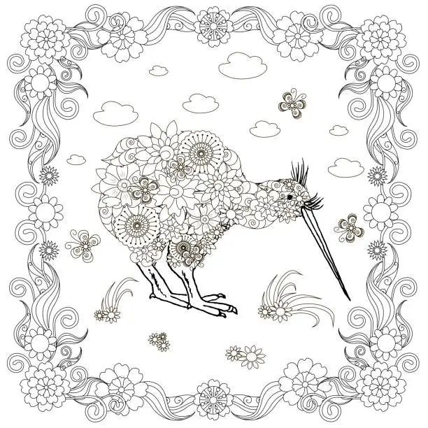 Vector illustration of Flowers kivi in flowers frame for coloring page, design element antistress monochrome