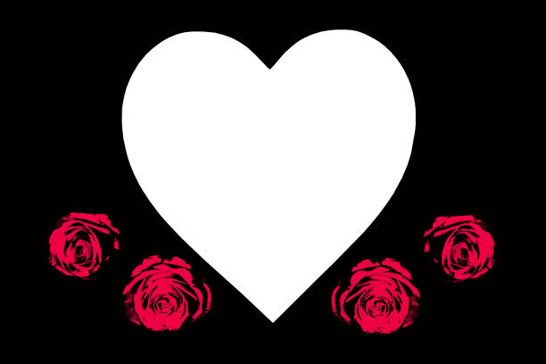Blank heart shape and roses on black background